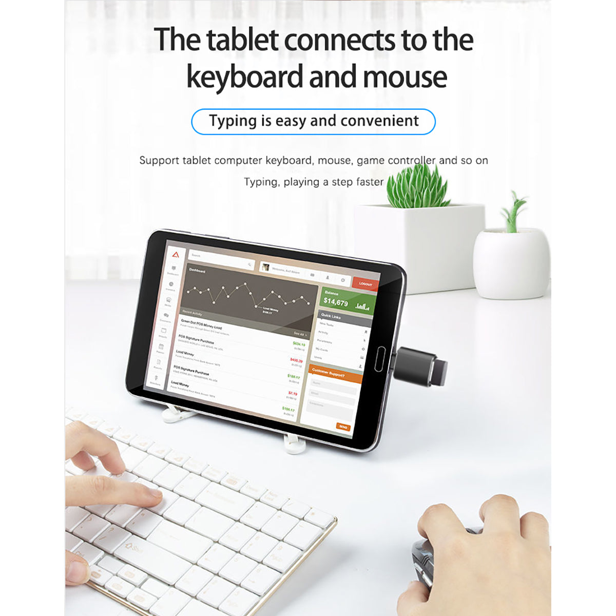 Tablet using FT-ADA27 Type-C to USB Adapter to connect keyboard and mouse, supporting efficient typing and control.